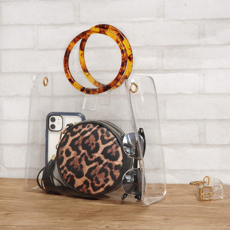 Hoxis Round Handle Clear Handbag Women PVC Tote tortoiseshell Top Handle Bag (Square) - Image 2